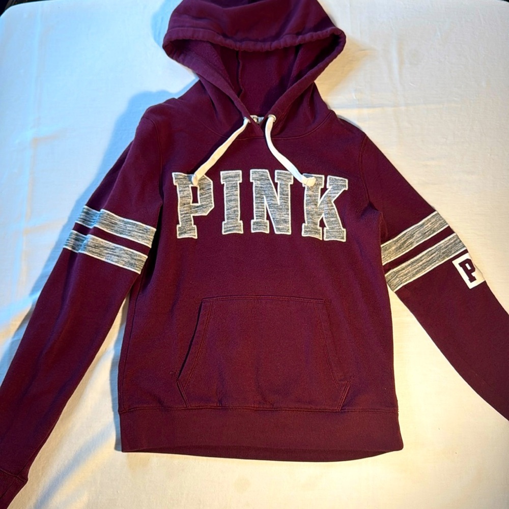 PINK Victoria Secret Maroon and gray Pull Over Hoodie